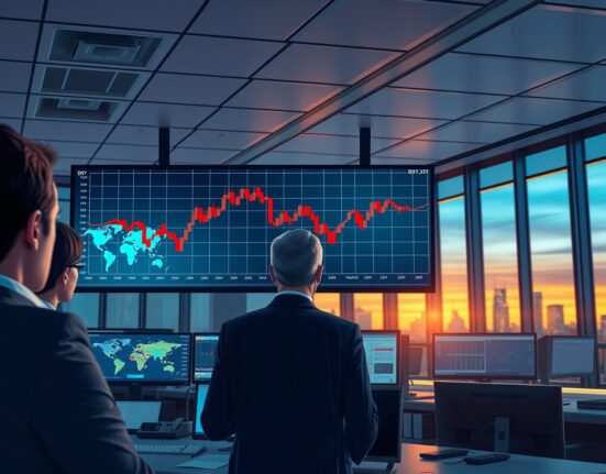 Financial analysts monitor a declining US Dollar Index chart as geopolitical tensions shift.