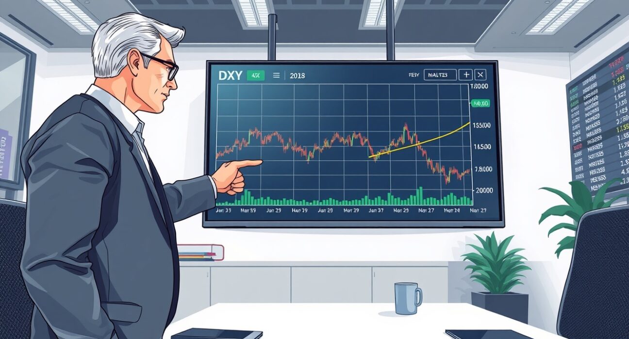 DXY chart displayed on a screen with a financial analyst reviewing Fed guidance and rate cut repricing trends.