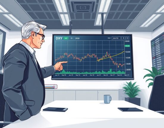 DXY chart displayed on a screen with a financial analyst reviewing Fed guidance and rate cut repricing trends.