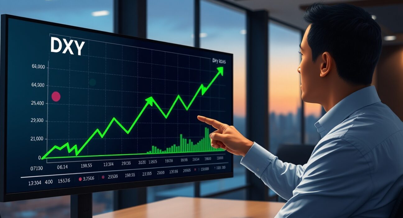 DXY chart rising as Fed repricing supports US dollar, with analyst pointing to screen in financial news setting