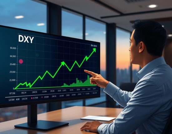 DXY chart rising as Fed repricing supports US dollar, with analyst pointing to screen in financial news setting