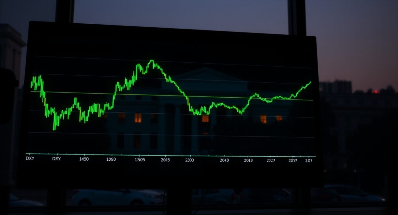 DXY firms near session highs as the Federal Reserve delivers a split hold decision, shown on a trading terminal chart