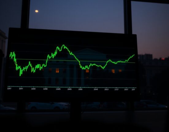 DXY firms near session highs as the Federal Reserve delivers a split hold decision, shown on a trading terminal chart