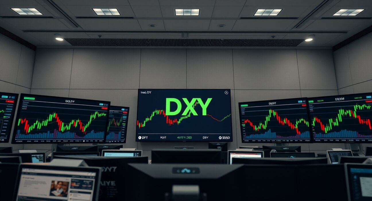Financial trading desk monitors showing DXY index and candlestick charts in a professional trading floor setting