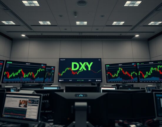 Financial trading desk monitors showing DXY index and candlestick charts in a professional trading floor setting