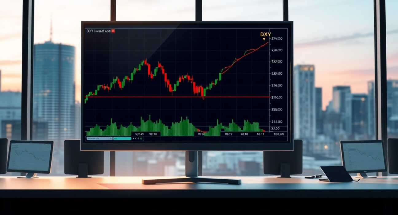 DXY dollar index chart showing spike past 99.00 on hawkish Powell comments before easing into the close