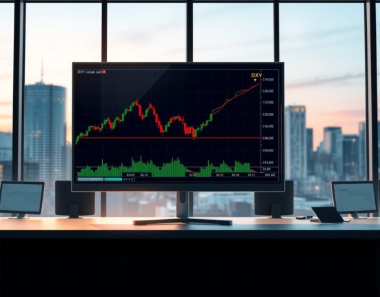 DXY dollar index chart showing spike past 99.00 on hawkish Powell comments before easing into the close