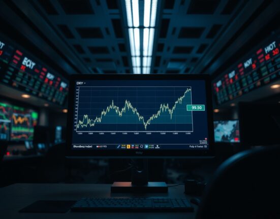 US Dollar Index chart analysis on a trading terminal amid geopolitical uncertainty.