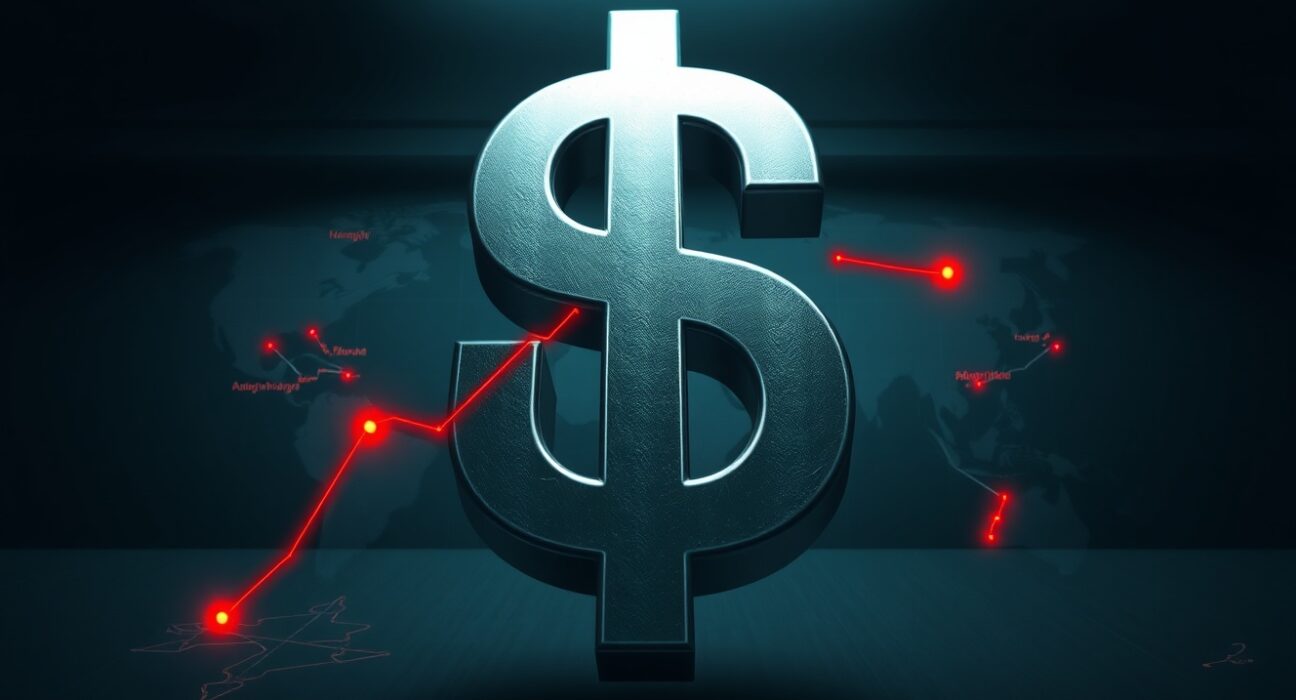 US Dollar Index (DXY) symbol over world map with geopolitical tension hotspots, representing dollar strength near 99.00