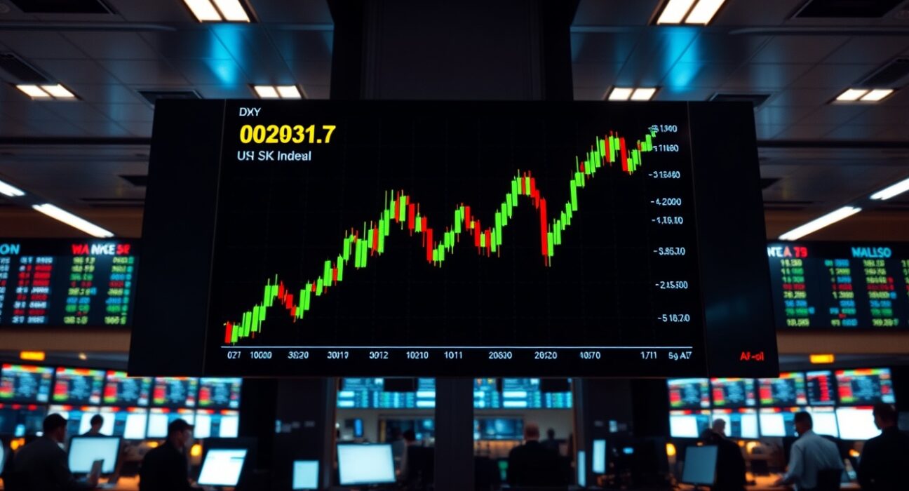 DXY chart showing flat movement near 101.50 on a trading floor display