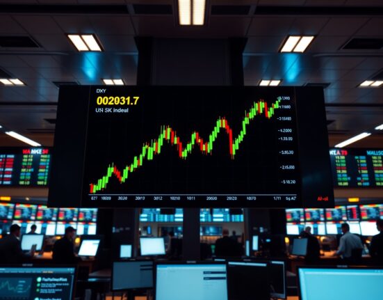 DXY chart showing flat movement near 101.50 on a trading floor display