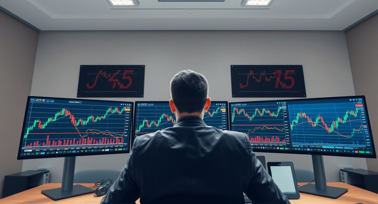 Financial analyst monitoring DXY index charts and currency trading data in real-time market environment.