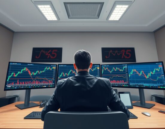 Financial analyst monitoring DXY index charts and currency trading data in real-time market environment.