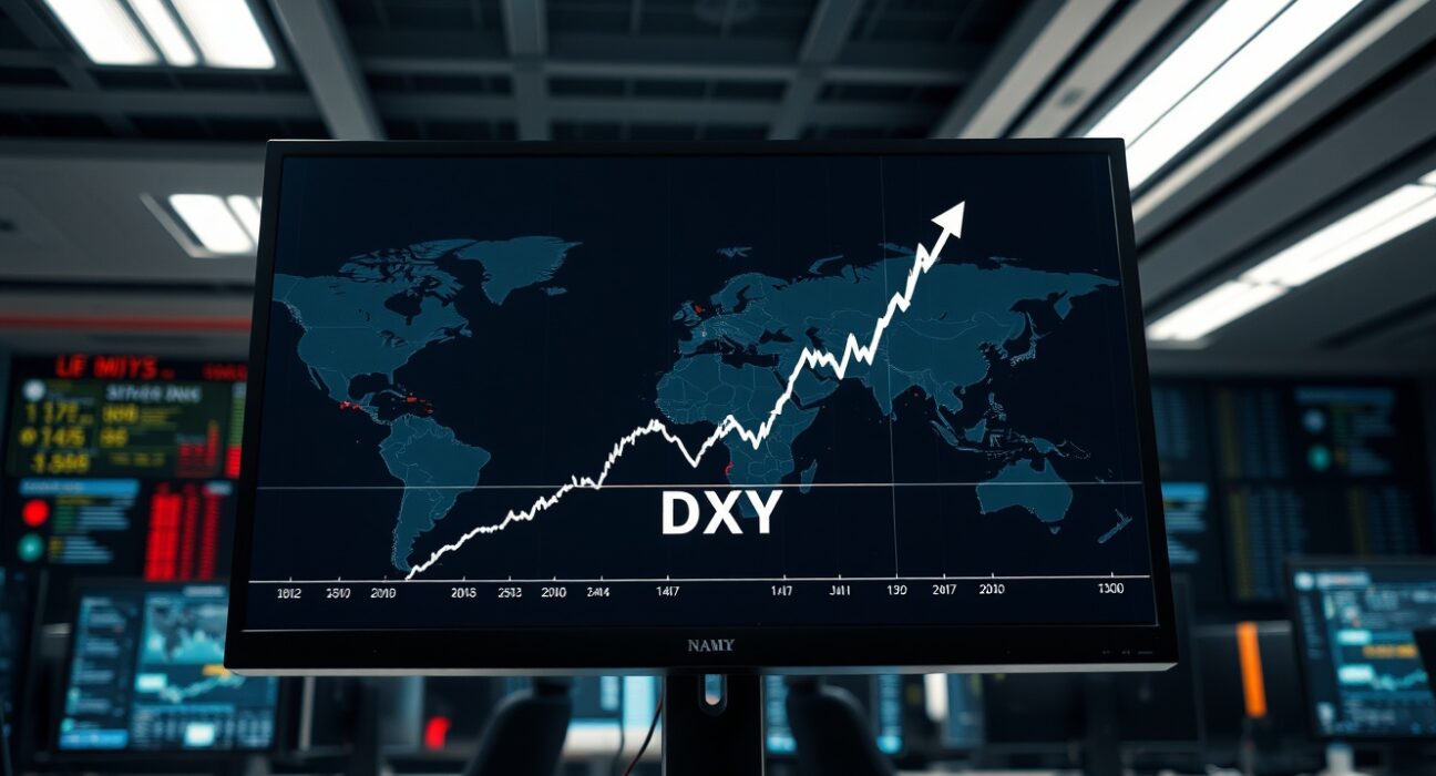 DXY index chart analysis on trading screen amid global geopolitical tensions in 2025.