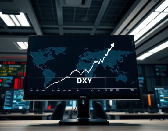 DXY index chart analysis on trading screen amid global geopolitical tensions in 2025.