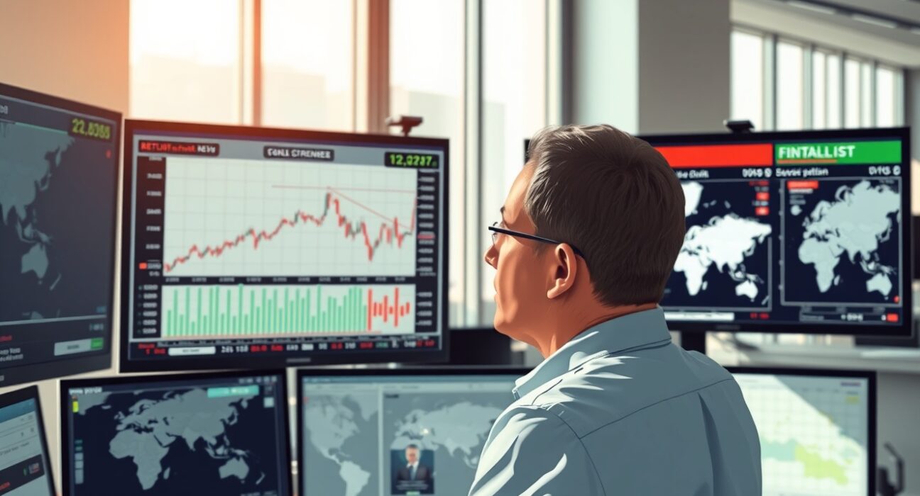 Financial analyst monitoring DXY charts and geopolitical news affecting currency markets.