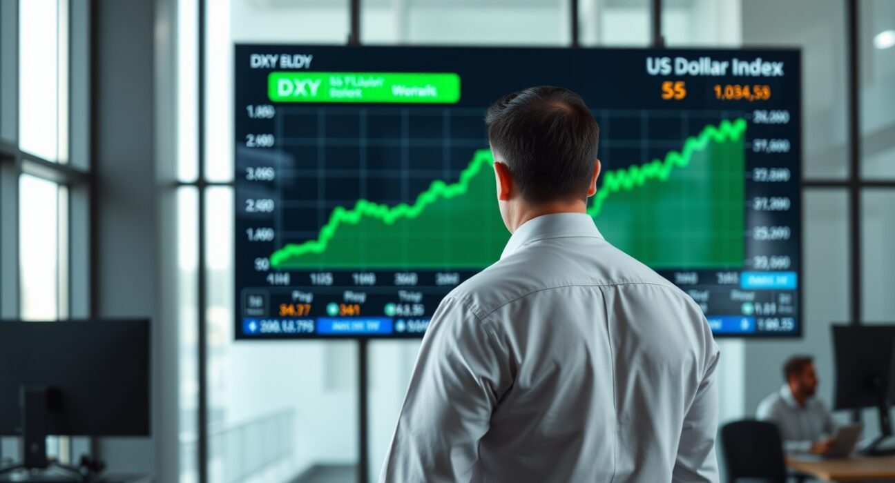 Analyst watching DXY chart showing upward movement in modern trading office