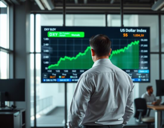 Analyst watching DXY chart showing upward movement in modern trading office