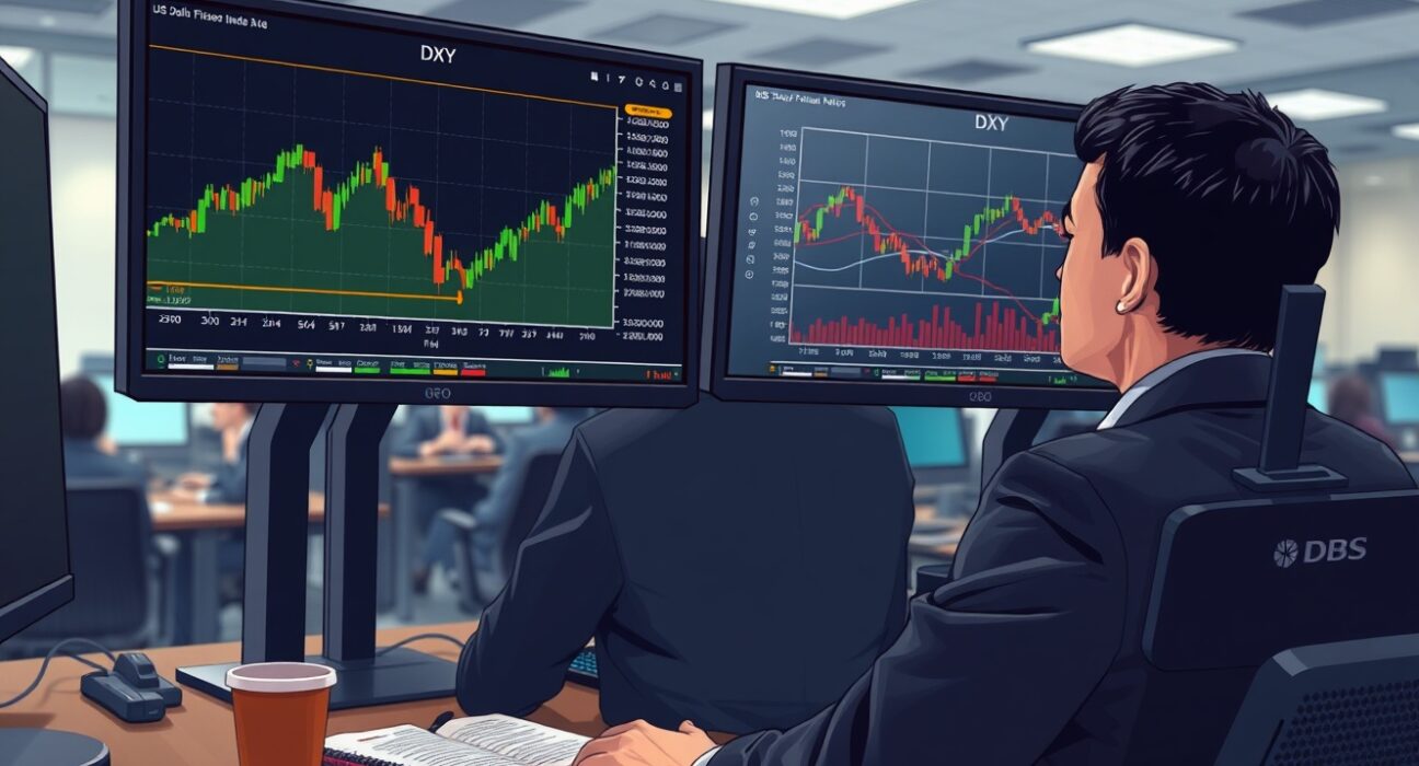 Financial analyst monitoring DXY and oil price charts showing dollar's limited haven response to energy market shock