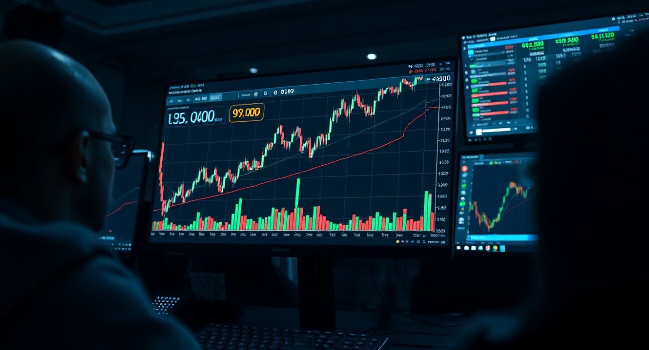 US Dollar Index chart showing price near 99.00 with Fibonacci retracement levels on a trading desk monitor