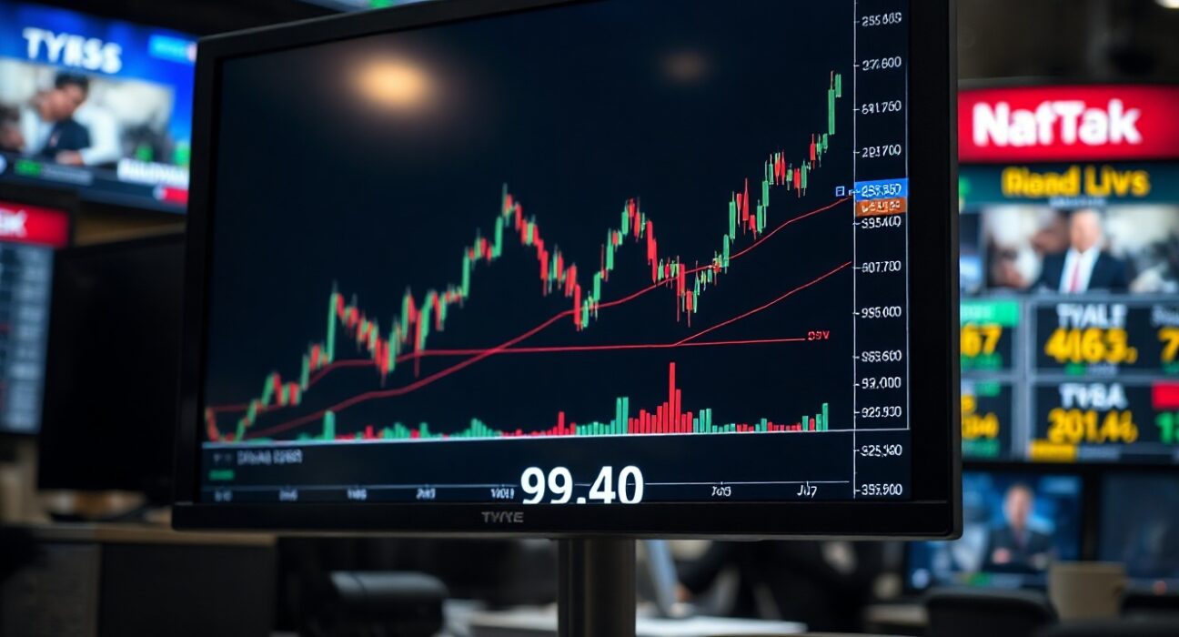 DXY candlestick chart approaching 99.40 resistance level on a trading monitor
