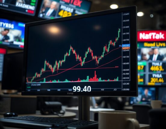 DXY candlestick chart approaching 99.40 resistance level on a trading monitor