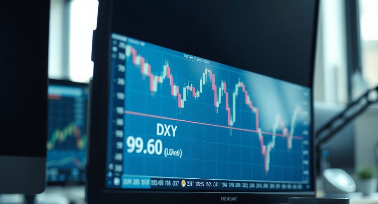DXY candlestick chart showing price below 99.60 on a trading monitor