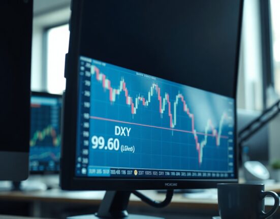 DXY candlestick chart showing price below 99.60 on a trading monitor