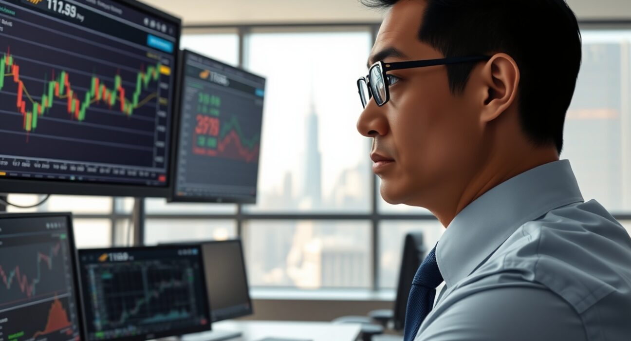 Financial analyst monitoring US Dollar Index charts showing bullish technical patterns above