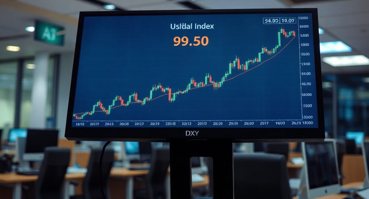 DXY candlestick chart showing upward trend above 99.50 support level on trading screen