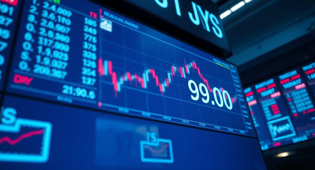 Digital display showing US Dollar Index (DXY) candlestick chart hovering near 99.00 level on a trading floor
