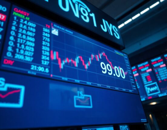 Digital display showing US Dollar Index (DXY) candlestick chart hovering near 99.00 level on a trading floor
