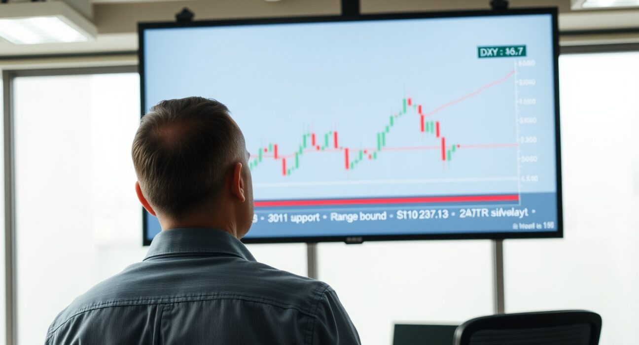 Financial analyst reviewing DXY chart showing range-bound trading pattern