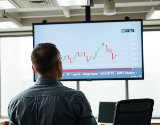 Financial analyst reviewing DXY chart showing range-bound trading pattern