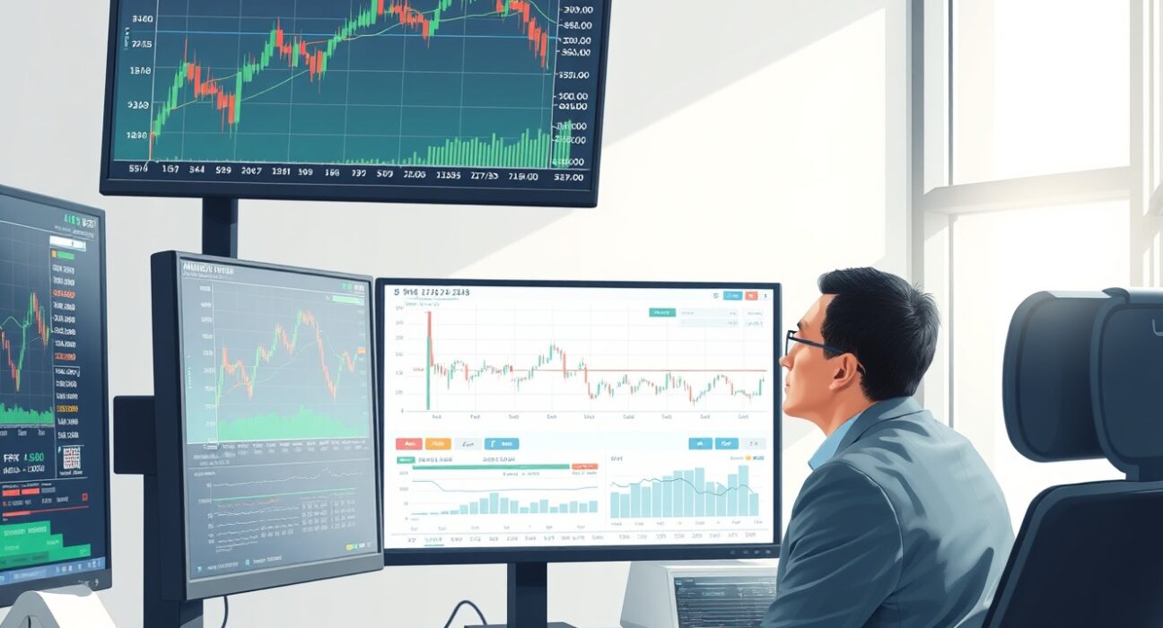 Financial analyst monitoring US Dollar Index charts amid Federal Reserve policy expectations.