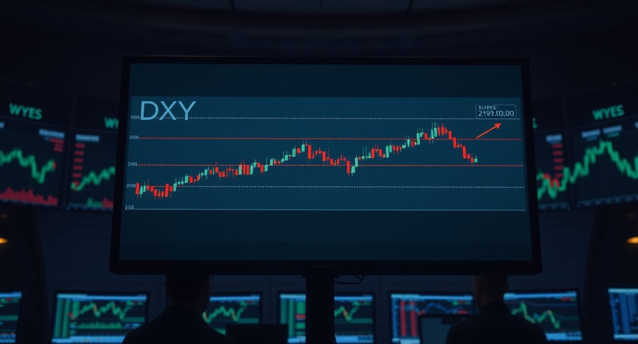 DXY US dollar index chart showing a sideways range on a trading floor monitor, reflecting BBH analysis on easing energy shock.