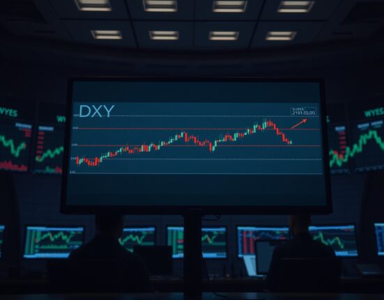 DXY US dollar index chart showing a sideways range on a trading floor monitor, reflecting BBH analysis on easing energy shock.