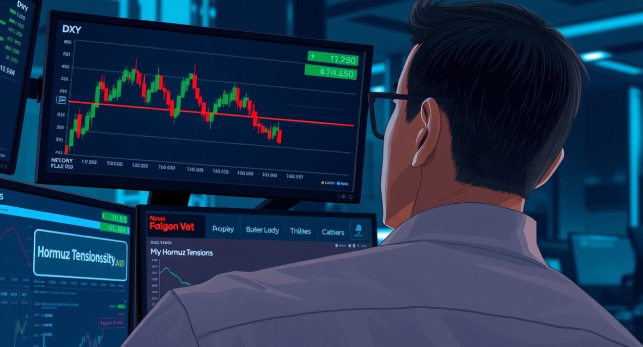Trader analyzing US Dollar Index chart showing stable range despite Strait of Hormuz geopolitical news.