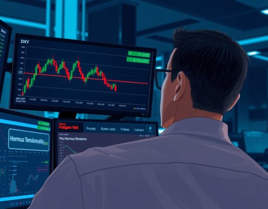 Trader analyzing US Dollar Index chart showing stable range despite Strait of Hormuz geopolitical news.