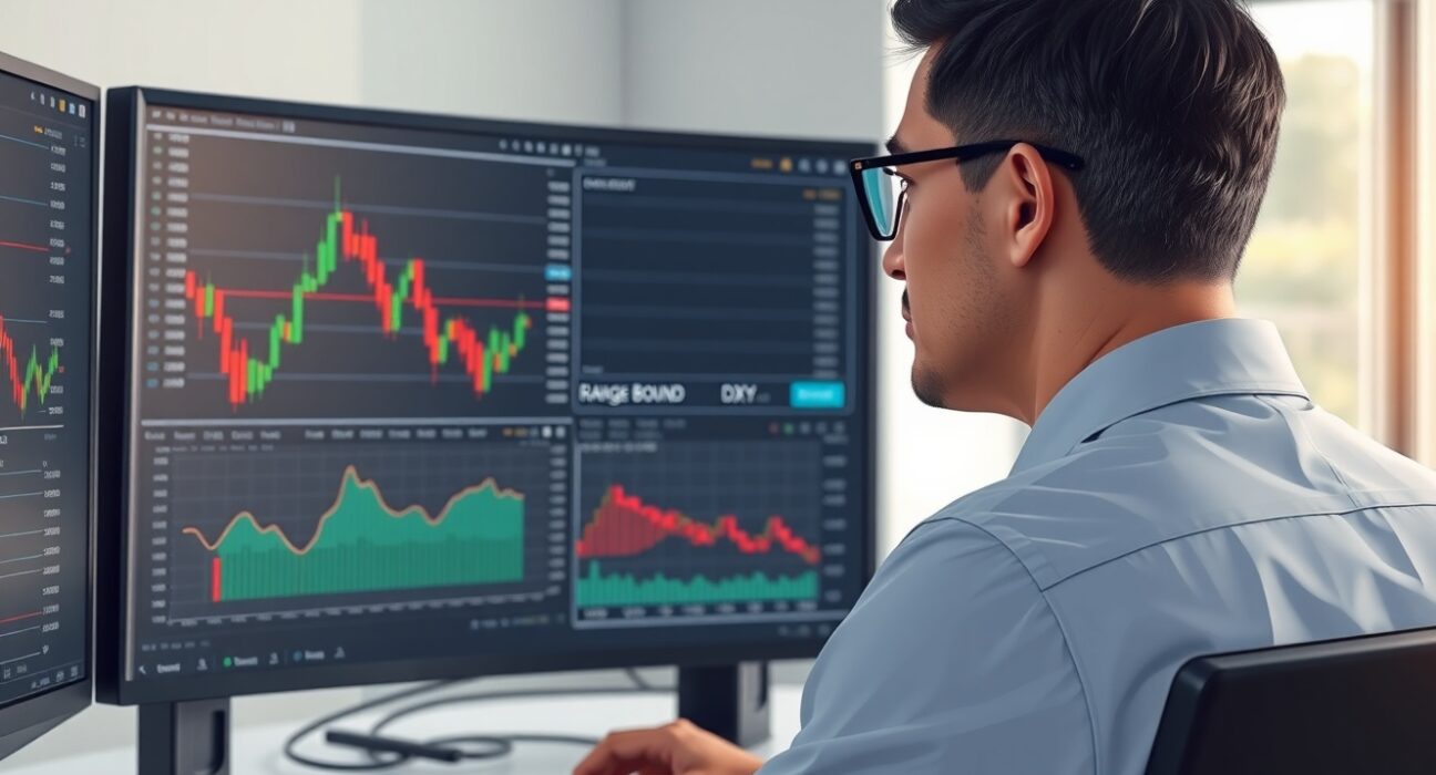 Financial analyst reviewing US Dollar Index charts showing range-bound technical patterns for market analysis.
