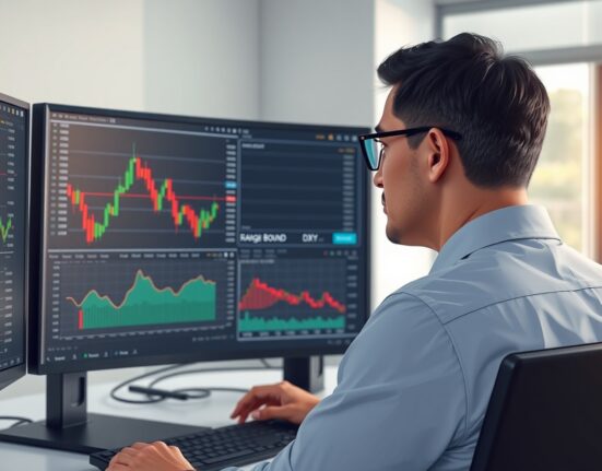 Financial analyst reviewing US Dollar Index charts showing range-bound technical patterns for market analysis.