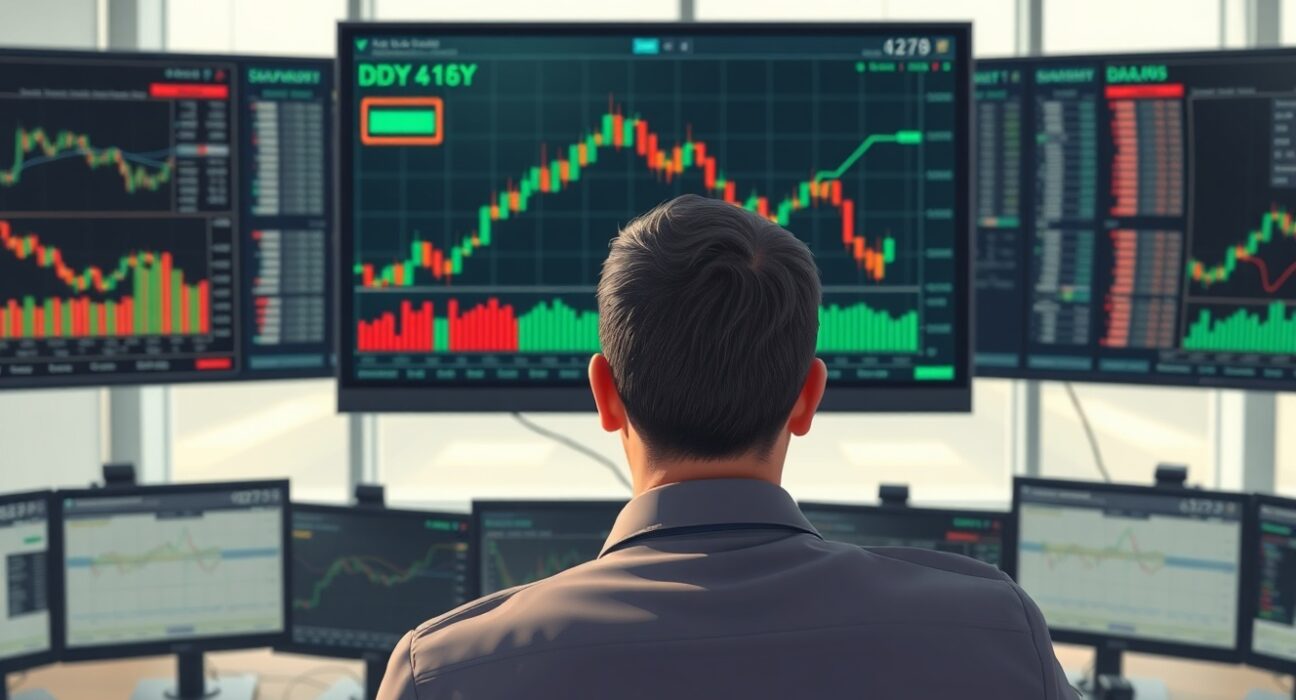 Financial analyst reviewing DXY US Dollar Index technical charts and data in a professional trading environment.