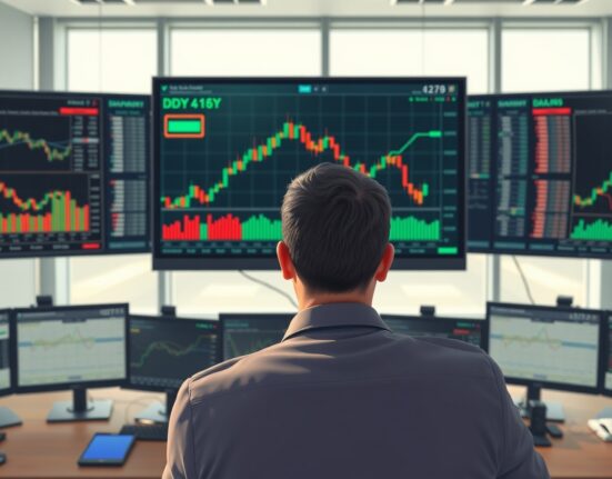 Financial analyst reviewing DXY US Dollar Index technical charts and data in a professional trading environment.