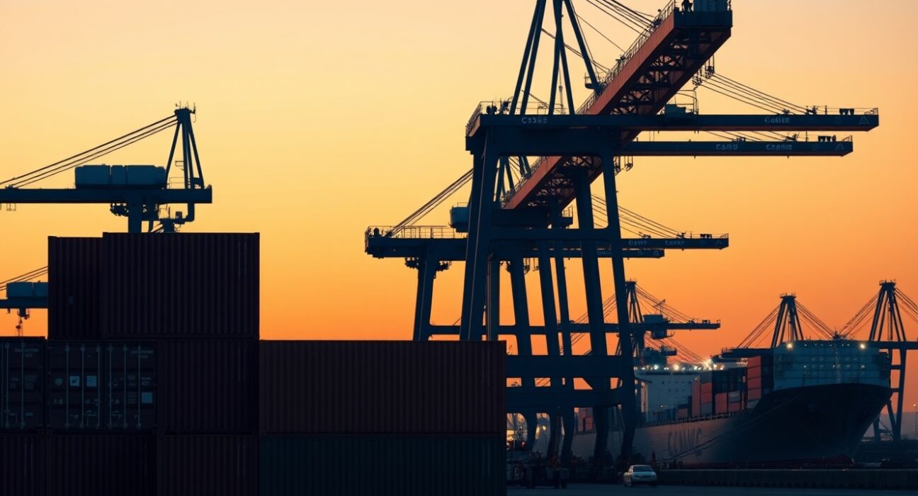 Global shipping port illustrating DXY shipping risk and economic analysis context