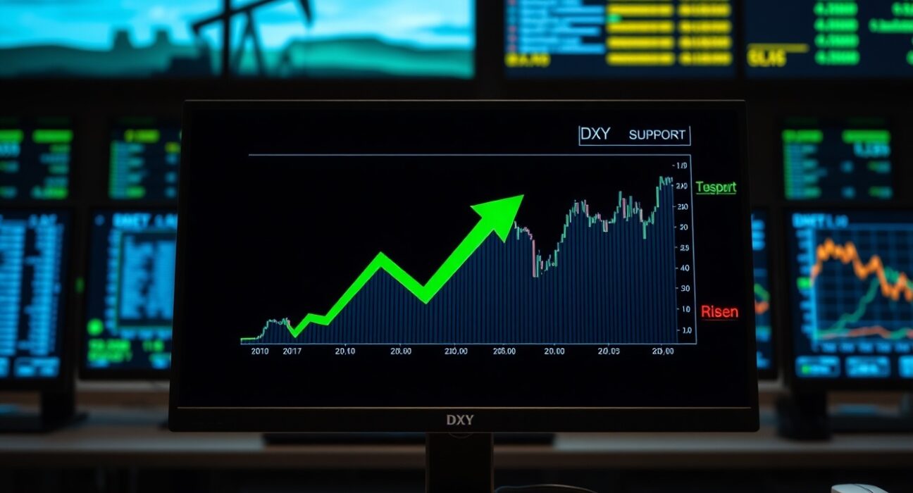 DXY chart on trading screen with oil rig and yield graph background, illustrating MUFG analysis support factors