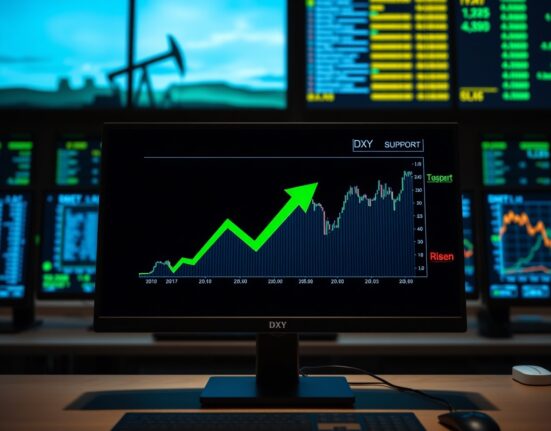DXY chart on trading screen with oil rig and yield graph background, illustrating MUFG analysis support factors