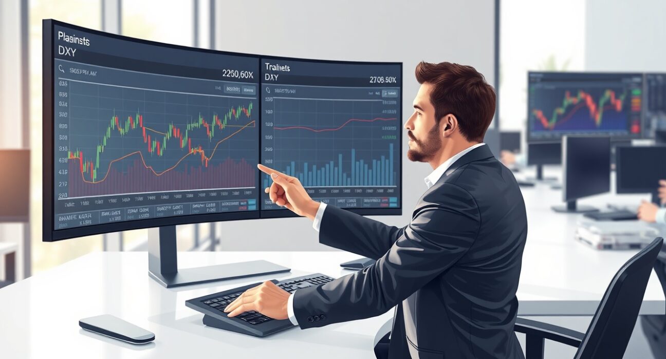 Financial analyst examining DXY index charts for currency market uncertainty and dollar support analysis