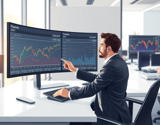 Financial analyst examining DXY index charts for currency market uncertainty and dollar support