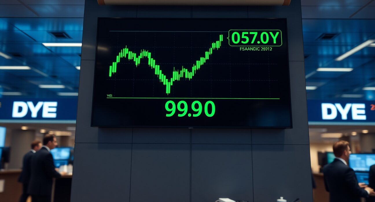 Trading board showing DXY index falling to 99.00 amid geopolitical news