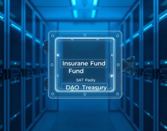 Digital representation of dYdX DAO funding transfer from insurance fund to treasury for governance operations.